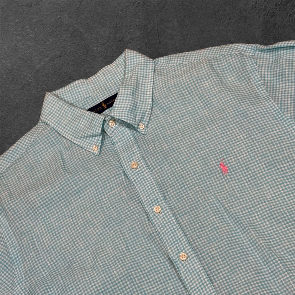 Ralph Lauren Mens Blue White Gingham Linen Short Sleeve Button Down Shirt XXL
